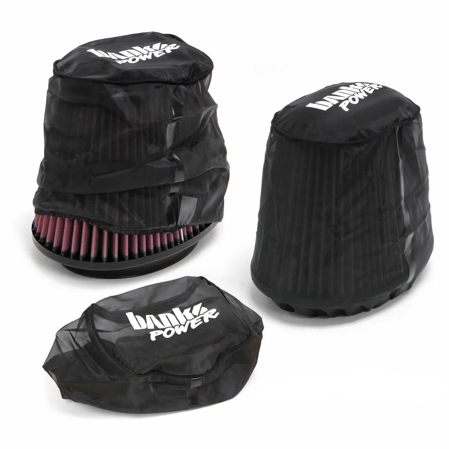 Black air filter housing with pink filter and 'Banks Power' branding on a white background