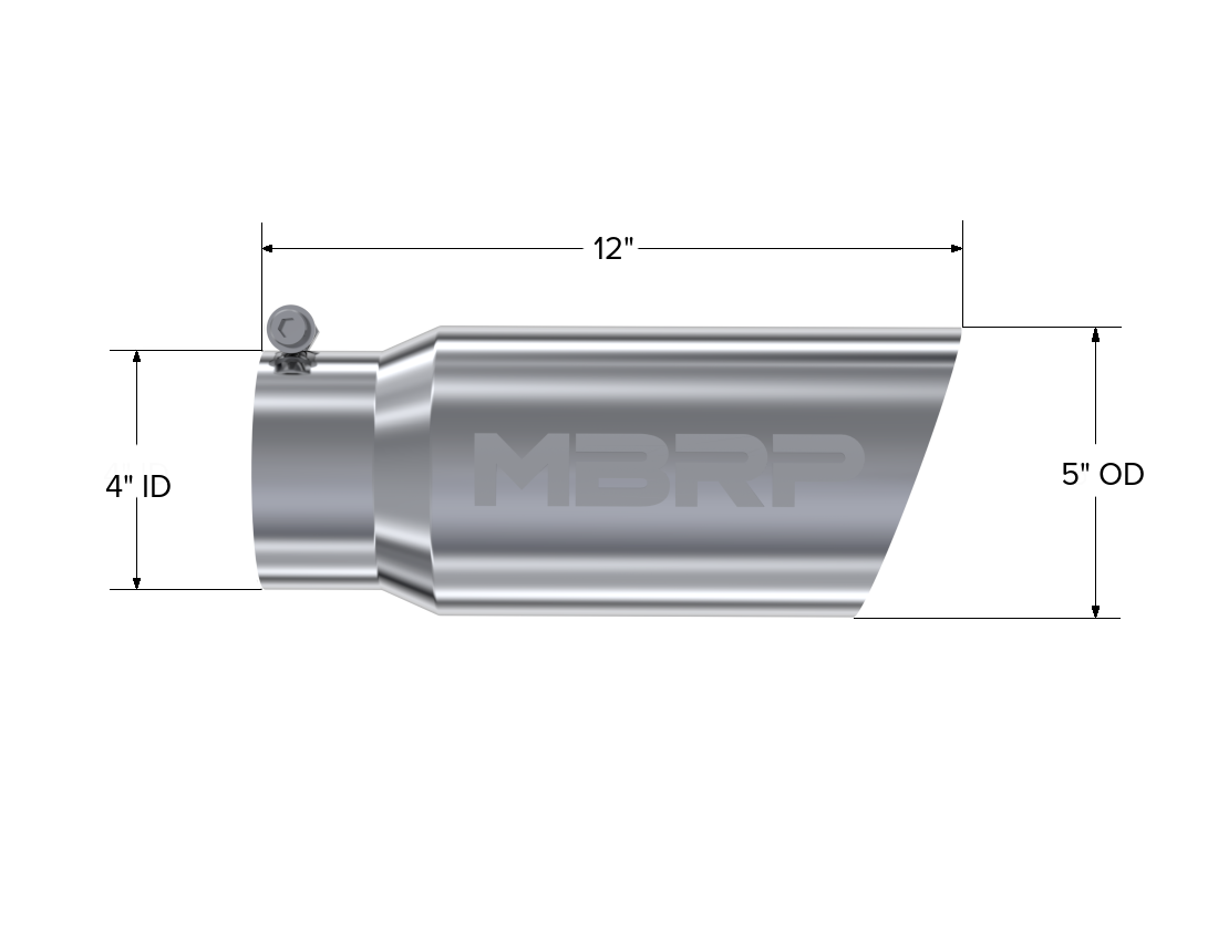 Exhaust Tail Pipe Tip 5 Inch O.D. Angled Single Walled 4 Inch Inlet 12 Inch Length T304 Stainless Steel MBRP