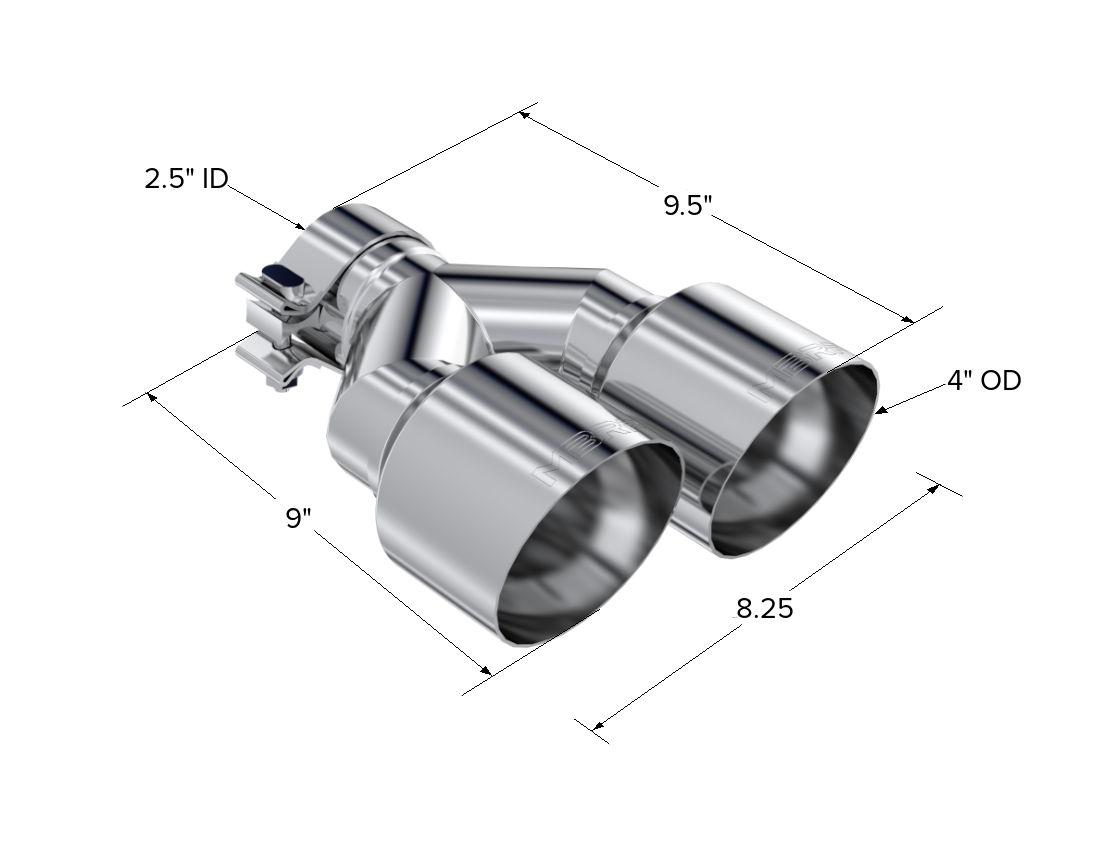 T304 Stainless Steel Tip 2.5 Inch ID Dual 4 Inch OD Out 9.55 Inch Length Single Wall MBRP