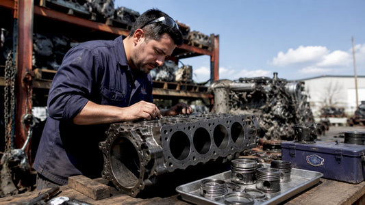 Mechanic examining diesel engine and piston rings