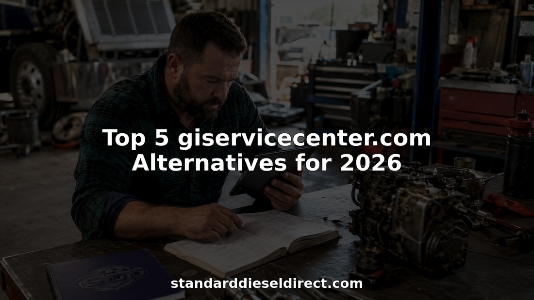Man shopping diesel truck parts online in garage