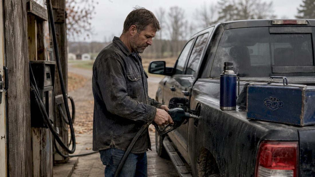 Man refueling diesel truck outdoors