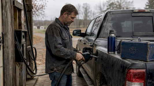 Man refueling diesel truck outdoors