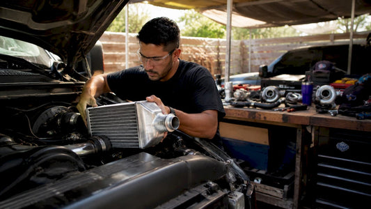 Mechanic inspecting diesel truck intercooler