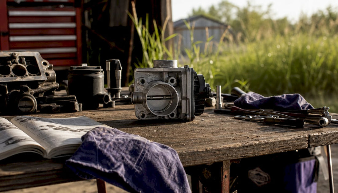 Close-up of diesel throttle body on workbench