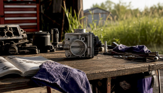 Close-up of diesel throttle body on workbench