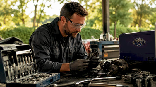 Technician inspecting diesel glow plugs in workshop