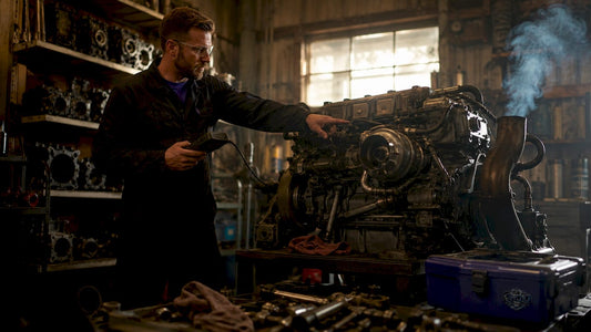 Mechanic inspecting a diesel engine emitting thick smoke