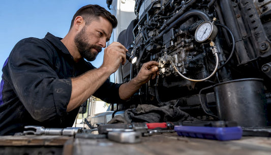 Mechanic inspecting diesel engine HP fuel pump