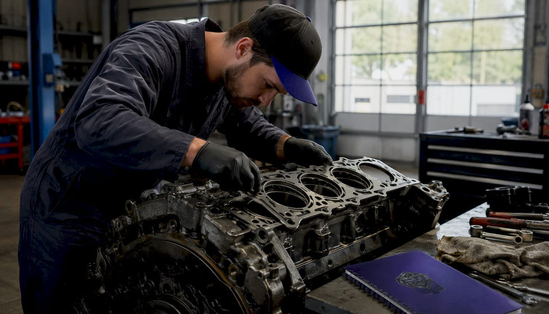 Mechanic installing diesel head gasket