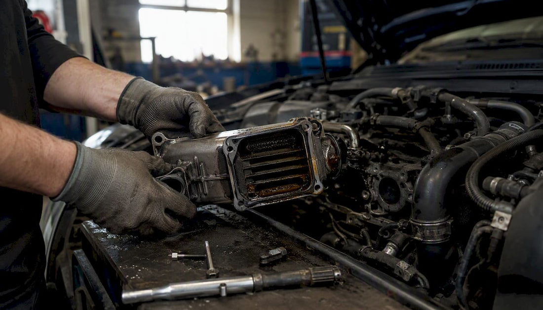Mechanic removing diesel truck EGR cooler