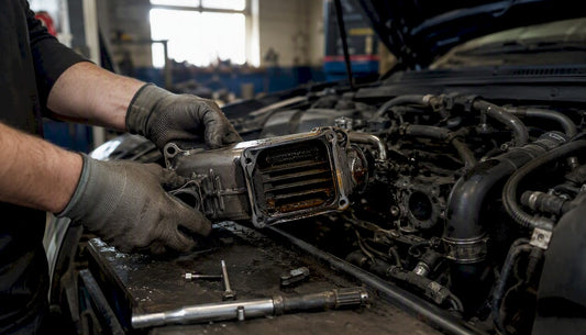 Mechanic removing diesel truck EGR cooler