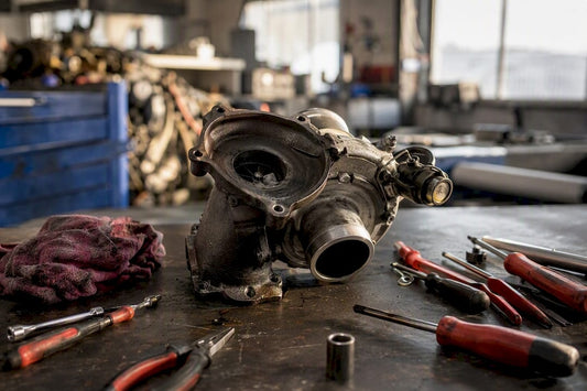 Close-up of diesel turbocharger on workbench