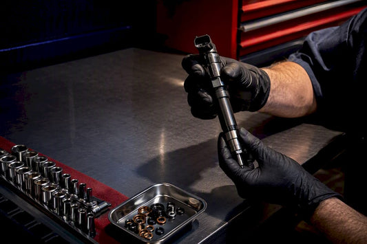 Technician preparing anonymous diesel injector parts