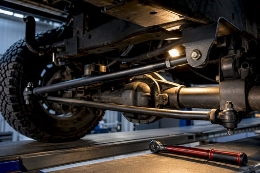 Front axle track bar viewed on alignment rack