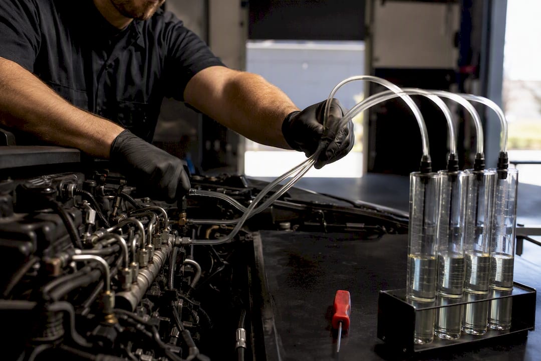 Technician measuring diesel injector return flow