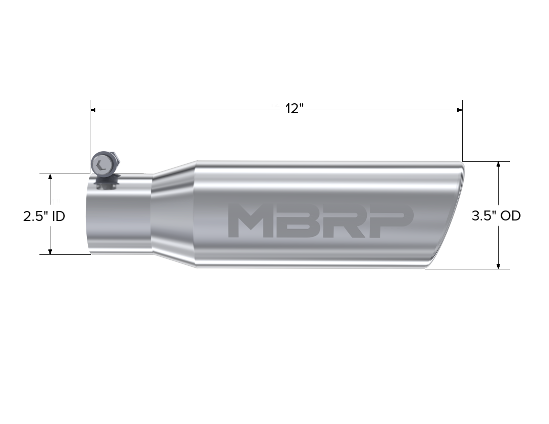 Exhaust Tip 3 1/2 Inch O.D. Angled Rolled End 2 1/2 Inch Inlet 12 Inch Length T304 Stainless Steel MBRP