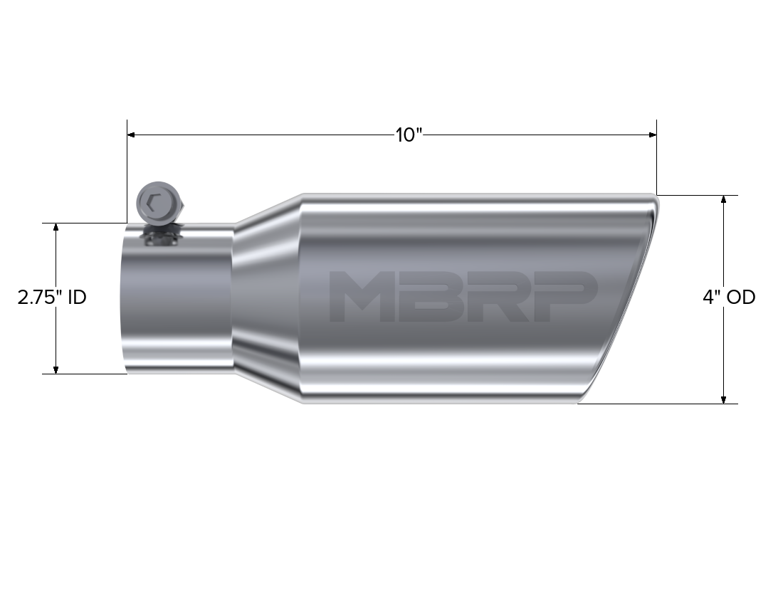 Exhaust Tip 4 Inch O.D. Angled Rolled End 2 3/4 Inch Inlet 10 Inch Length T304 Stainless Steel MBRP